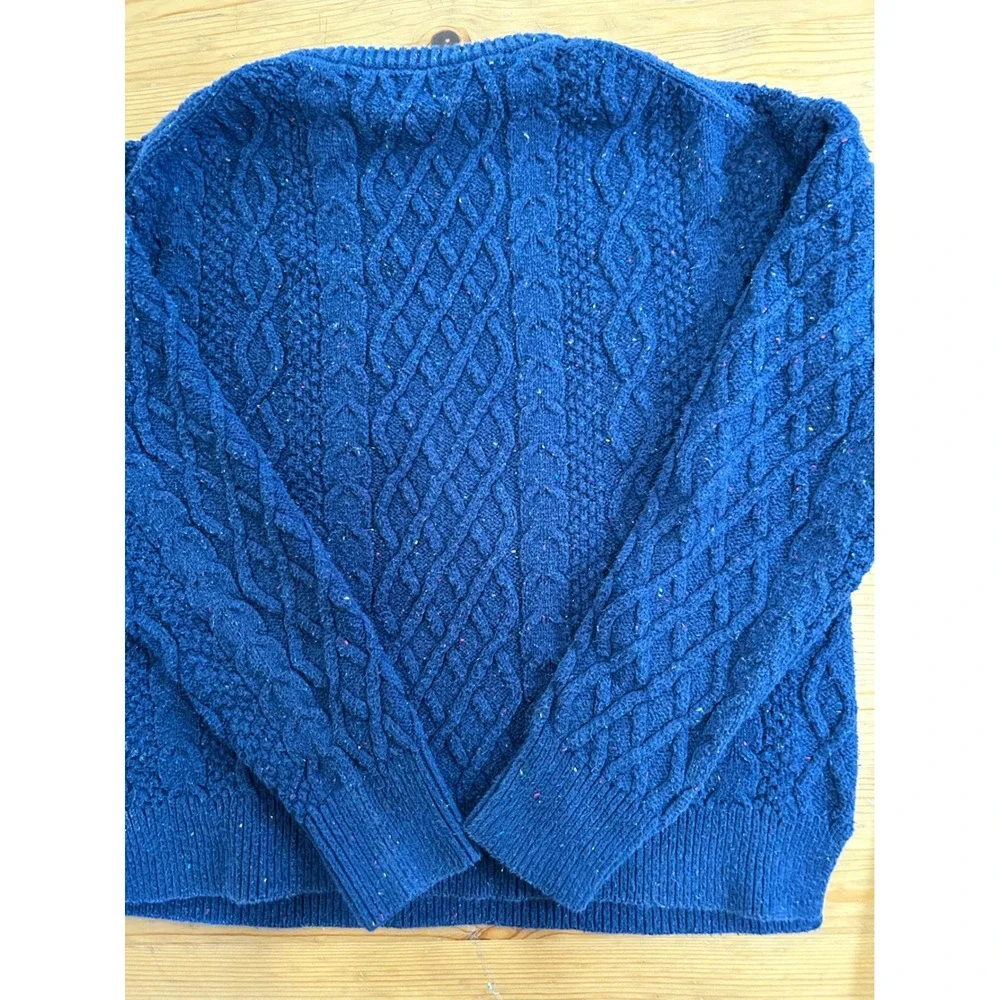 J. Crew Womens Medium Blue Cable Knit Donegal Crewneck Preppy Cabin Gorp Sweater